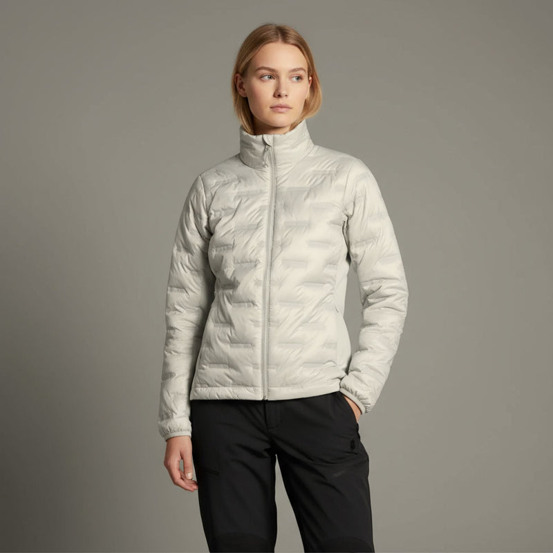 Humtto Hybrid Light Grey sieviešu dūnu jaka ar elastīgiem sānu paneļiem
