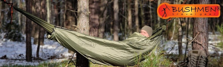 BUSHMEN — ultralight tarp nojumes, hamaki un patversmes