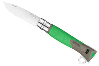 Opinel Explore Green Tick Remover Knife 12 ar 10 cm tērauda asmeni un ergonomisku rokturi ar ērtu ērču noņemšanas rīku.
