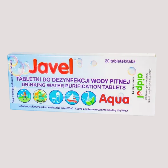 Box of Javel drinking water purification tablets on a white background