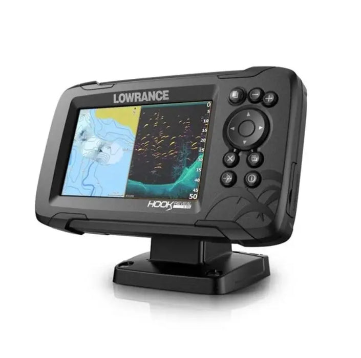 - Lowrance Sonar HOOK REVEAL 5, HDI ROW uzstādīts uz stiprinājuma
- 5 collu SolarMAX™ displeja ekrāns ar karšu un zivju atrašanas attēliem
- Darbības pogas labajā pusē
- Zivju atrašanas tehnoloģijas FishReveal™ attēlojums
- Zivju uzzīmēšanas rīks Genesis Live reāllaika kartēšanai

Lowrance