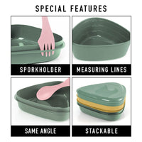 light my fire pusdienu komplekts no bio kokogles materiāla, trīsstūra formas trauki ar mērījumu līnijām, kempingam un pārgājieniem