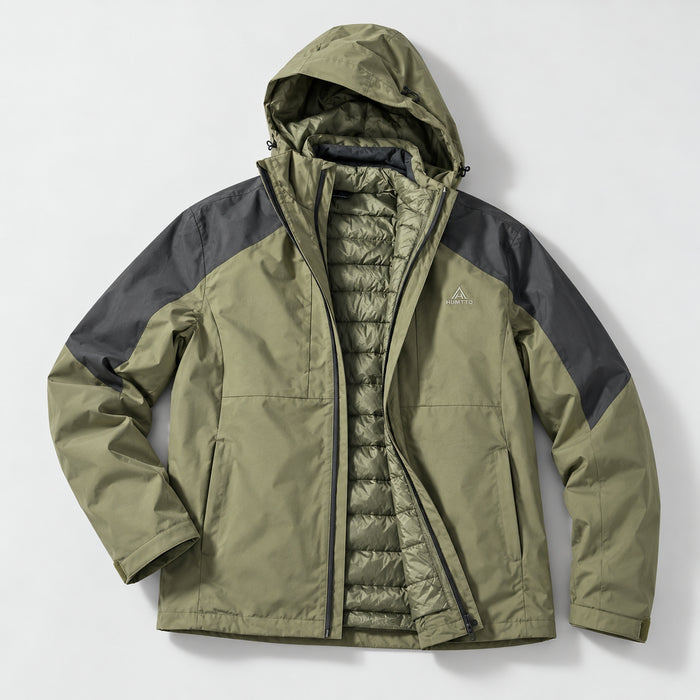 HUMTTO 48C176A-2 olive green and dreamy black insulated outdoor jacket, front view with detachable hood