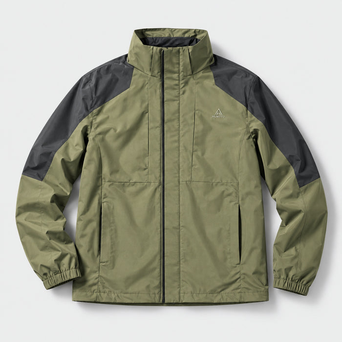 HUMTTO 48C176A-2 olive green and dreamy black insulated outdoor jacket, front view without hood