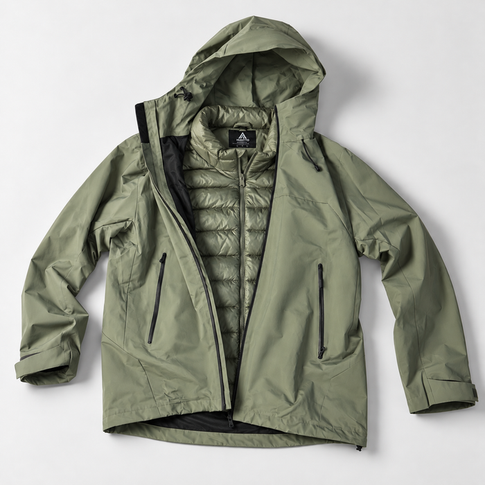 HUMTTO olive green 2-in-1 jacket with insulated inner layer, open front view