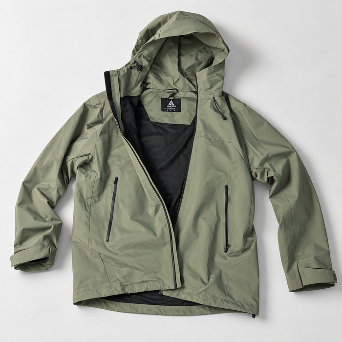 HUMTTO olive green insulated outdoor jacket, hooded outer shell front view