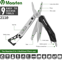 Maarten Multitool 9-in-1 12cm ar 9 funkcijām, ieskaitot knaibles, nazis, skrūvgriezis un pudeļu attaisāmais.