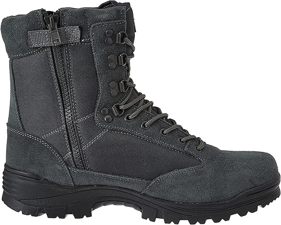 Mil-tec taktiskie zābaki, ādas un Cordura materiāls, pelēki, ūdensizturīgi, piemēroti pārgājieniem un darbam ārā Latvijas apstākļos.