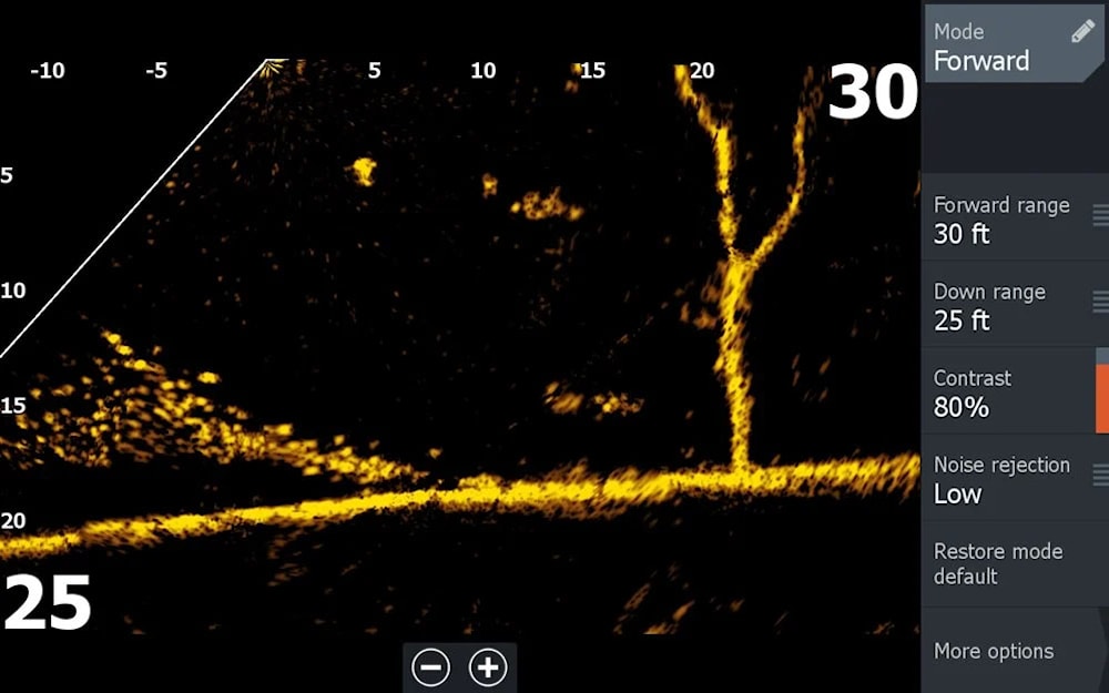 - Zivs atradnes reāllaika attēlojums no Lowrance ActiveTarget™2
- Augstas izšķirtspējas zemūdens attēlojumi
- Pozīcijas norādes: uz priekšu, uz leju, un novērošanas skats
- Kontrasta pielāgošana uz 80%, trokšņu novēršana zema
- Režīme: uz priekšu, diapazons uz priekšu līdz 30 pēdām, diapazons uz leju līdz 25 pēdām
- Ekrānā redzamie detalizētie zivju un zemūdens struktūru attēli
- Optimizēta zivju izsekošana un ātra reaģēšana Lowrance,