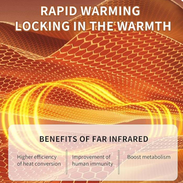 - Attēls ar tekstu "Rapid Warming, Locking in the Warmth" uz oranžā fona 
- Teksts par priekšrocībām ar minētajām īpašībām: "Higher efficiency of heat conversion, Improvement of human immunity, Boost metabolism"
- Naturehike