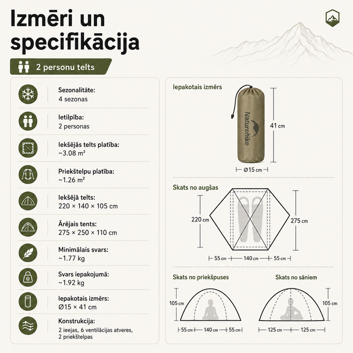 Двухместная туристическая палатка Naturehike Giling PRO 1.75 kg песочная