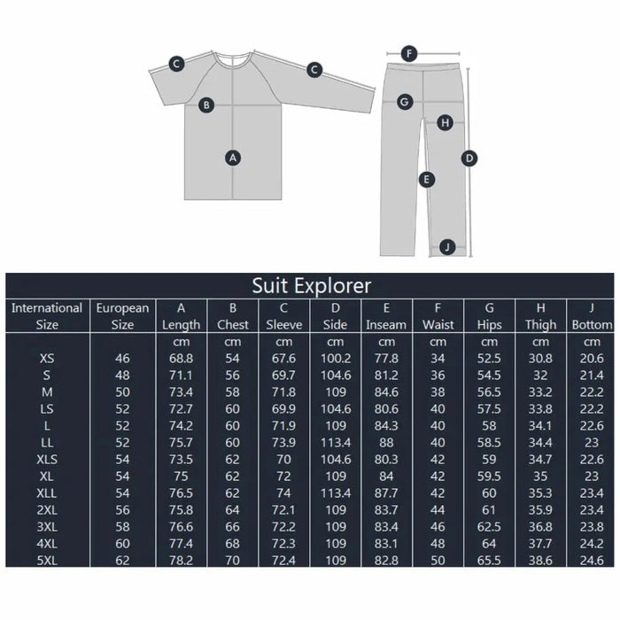 - Diagramma rāda FHM Explorer lietusūdensnecaurlaidīga uzvalka 10000 mm vinous modeli, kopā ar izmēru tabulu, rūpīgi norādītas cilvēka ķermeņa mērvienības.
- Pieejama starptautiskā izmēru sistēma no XS līdz 5XL.
- Grafikā attēlots uzvalks gan priekšējā, gan aizmugurējā skatījumā.
- Izmēri ietver: garumu, krūšu apkārtmēru, piedurknes garumu, sānu šuves, gurnu apkārtmēru, vidukļa apkārtmēru, un staru garumu.
- Detalizēta izmēru informācija, lai nodrošinātu precīzu piegulšanu FHM produkts.