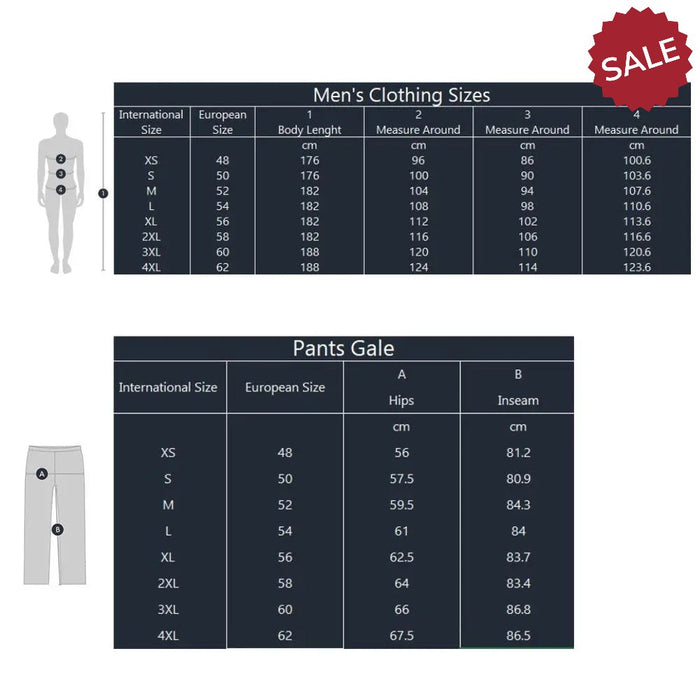 - Vīriešu apģērbu izmēru tabula, kurā norādīti starptautiskie un Eiropas izmēri
- Attēlā iekļauti auguma garumi, apkārtmēri un izmēru norādes
- Bikses Gale ar izmēru informāciju un starptautisko atbilstību
- "SALE" marķējums augšējā labajā stūrī
- Outfish