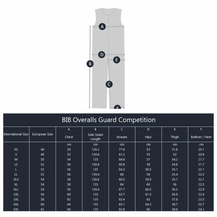 - Izmēru tabula BIB Overalls Guard Competition priekšējā skatā, rādot starptautiskos un Eiropas izmērus, ar krūšu apkārtmēru, sānu vīles garumu, iekšējo vīli, gurnu apkārtmēru, augšstilba apkārtmēru un apakšdaļas platumu. FHM,