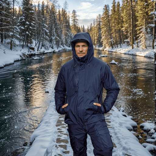 - ziemas makšķerēšanas kostīms
Vīrietis ģērbjas FHM Guard izolētā ziemas makšķerēšanas tērpā (melnā jaka un melnas bikses), turot zivju ķermeņa.
- Ziemas apģērbu īpašības: Toray Dermizax membrāna, Primaloft izolācija, DWR pārklājums.
- Lielisks komforts un aizsardzība pret mitrumu, vēju un aukstumu.
- Piemērots dažādām ziemas aktivitātēm, piemēram, makšķerēšanai uz ledus.