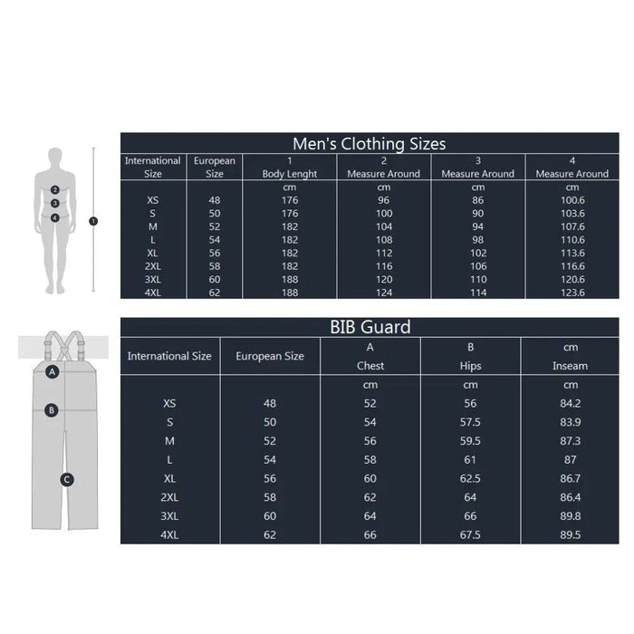 - Vīriešu apģērbu izmēru tabula un BIB Guard izmēru tabula
- Starptautiskie izmēri un Eiropas izmēri
- Ķermeņa garumi, krūšu, gurnu un iekšējo šuvju mērījumi
- Attēlā redzamas izmēru un mēru tabulas gan jakai, gan biksēm
- FHM Guard Fishing Suit 20000 mm (Melnā jaka / melnās bikses)
- Outfish