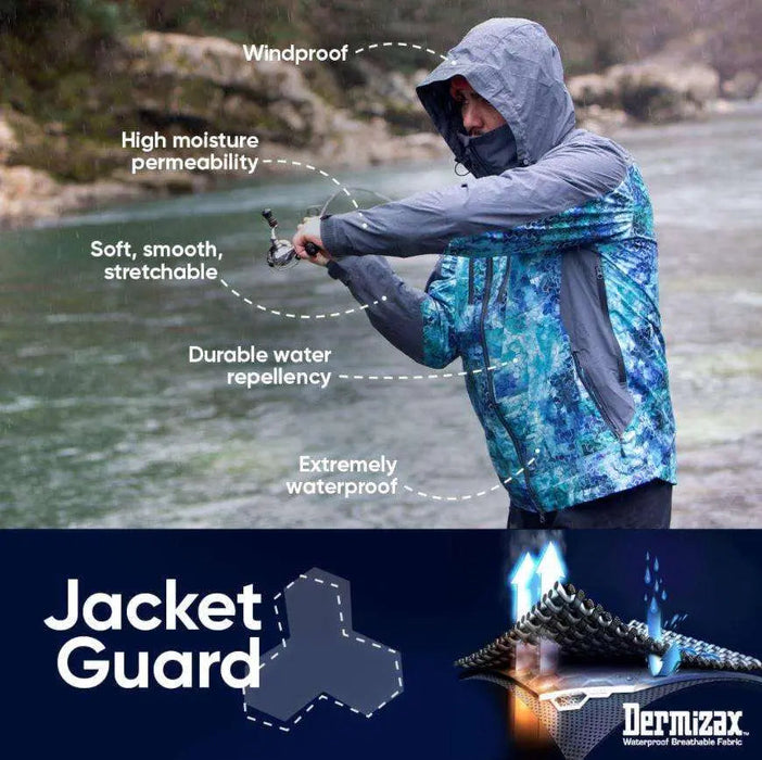 - Vīrietis zvejo lietainos apstākļos, ģērbts zilā FHM Guard Waterproof Fishing Jacket ar Dermizax membrānu.
- Jakai ir regulējama kapuce, augsts apkaklis, un ergonomisks dizains.
- Aizsargslānis nodrošina maksimālu aizsardzību pret vēju un ūdeni, ir elpojošs un izturīgs.
- Jakas atšķirīgie elementi ir garāka muguras daļa un mīksta auduma apkakle iekšpusē.
- Tehnoloģija: Toray Dermizax, trīs slāņu laminācija.
- FHM,