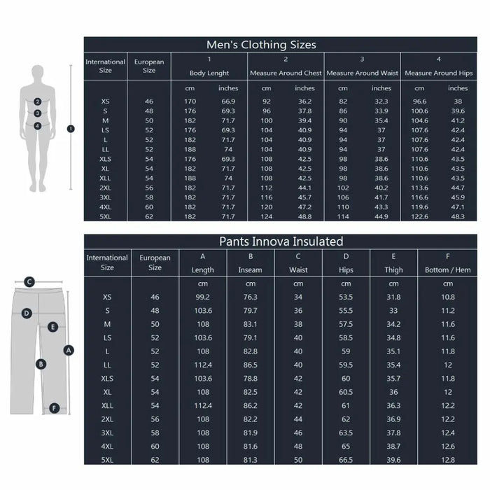 - Vīriešu apģērbu izmēri tabula ar starptautisko, Eiropas izmēru, ķermeņa garuma, krūts apkārtmēru, vidukļa apkārtmēru un gurnu apkārtmēru, FHM.
- Pantālons Innova Insulated izmēru tabula ar starptautisko, Eiropas izmēru, garuma, iekšstaipu, gurnu apkārtmēru, augstums, augšstilbu apkārtmēru un dibena/apakšas, FHM.