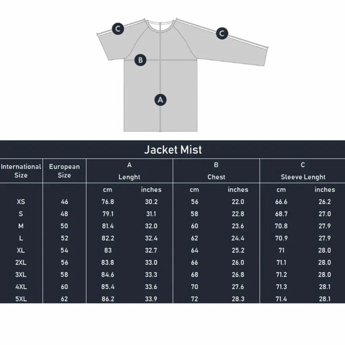 - FHM Mist Insulated Fishing Jacket 20000 mm Grey izmēru tabula ar starptautisko un Eiropas izmēru, garumu, krūšu apkārtmēru un piedurkņu garumu. FHM