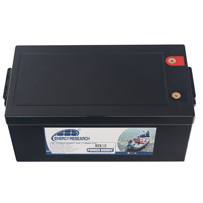 LiFePO4 Battery Energy Research 24V 100Ah — Bluetooth, IP65 — top and front view