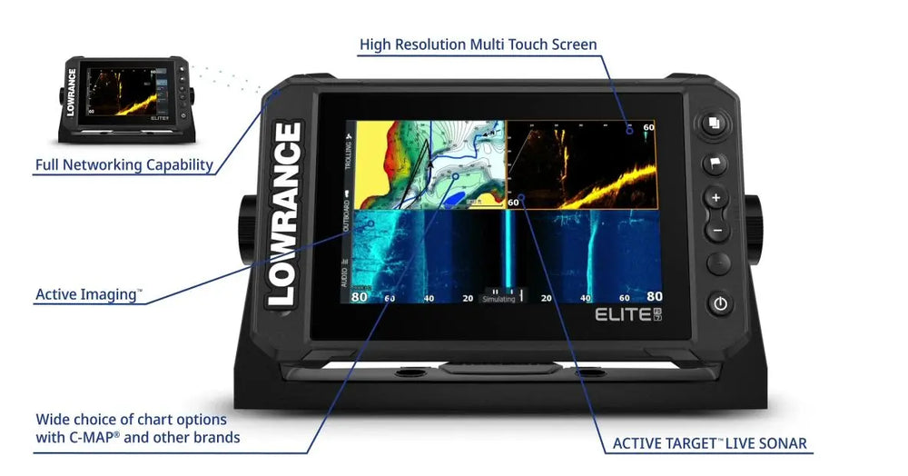 - Lowrance ELITE FS 7 Active Imaging 3-in-1 ar uzlabotu daudzfunkcionālo skārienekrāna displeju
- Demonstrēts augstas izšķirtspējas daudzskārienu ekrāns un aktīvais sonārs
- Pilna tīkla savienojamība ar C-MAP un citiem zīmoliem
- Plašs karšu opciju klāsts
- Aktīvās attēla funkcijas, tostarp CHIRP, SideScan un DownScan
- Zivju atpazīšanas funkcija FishReveal™ Smart Target View
- Atbilst Lowrance,