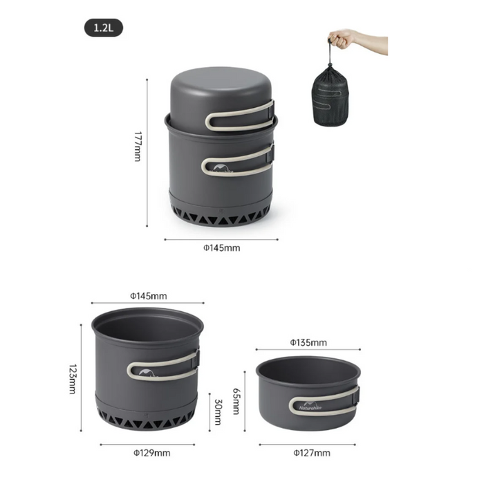 - "Naturehike Single Camping Pot Set ar radiatoru (Tējkanna un trauks) 1,2 litri; komplekts sastāv no diviem priekšmetiem: trauka ar 1,2 litru radiatoru un bļodas; Bļoda var tikt izmantota kā vāks; Izgatavošana no ultralight alumīnija sakausējuma un pārtikas klases tērauda 304; Ne-piedegošs pārklājums; Salokāmi rokturi ar uzlikām; Efektivitāte: apakšā integrēta vēja aizsardzība; Salikta stāvoklī: izmēri 177 x 145 mm; svars ne vairāk kā 284 g; Komplektā ietilpst tīkla maciņš; Zīmols: Naturehike."