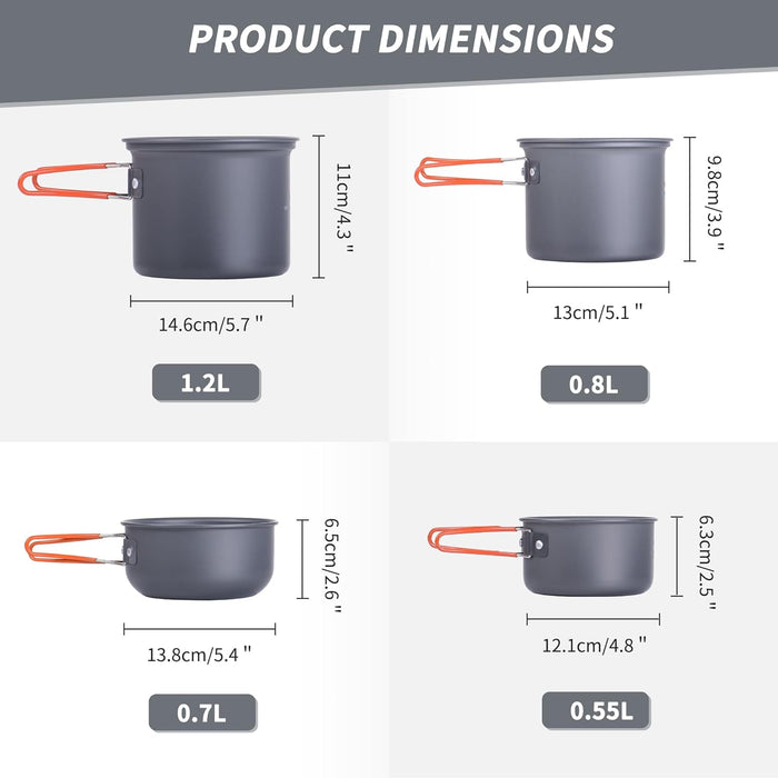 - Četru daļu alumīnija katlu komplekta produkta izmēru diagramma ar ietilpību 1.2L, 0.8L, 0.7L un 0.55L. 
- Katru katlu attēlots atsevišķi ar sarkaniem/plastmasa neizkust sasildāmi rokturiem, nodrošina izcilu drošumu un ērtumu lietošanai āra apstākļos.
- Pilnīga katla komplektācija pārnēsājamajā komplektā
- Naturehike