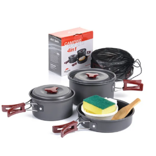 - Naturehike Camping Cookware Set, izturīga alumīnija sakausējums, efektīva siltuma sadale, augstas kvalitātes PP plastmasa, izturīgs un drošs kontaktam ar pārtiku, komplektā cepšanas panna, liela katliņš, maza katliņš, trīs bļodas, lāpstiņa, karote, sūklītis, tīkla maiss, Naturehike,