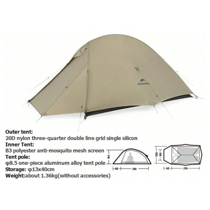 - Naturehike Cloud Up 2 person Pro Ultralight Tent in khaki color
- 20D nylon three-quarter double line grid single silicon waterproof outer fabric
- One-piece aluminum alloy tent pole
- Compact storage size: Ø13x40cm
- Lightweight design: approximately 1.36kg without accessories
- Inner tent dimensions: 210x130x105cm
- Foyer area included
- Suitable for hiking and backpacking
- Naturehike