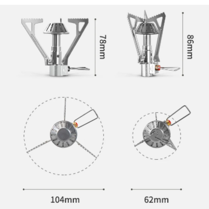 - Attēls ar Naturehike Ultralight Backpacking Stove Pro Trekking 51gr, no vara, nerūsējošā tērauda un alumīnija, ar 2200 vatu jaudu, izmēri: 104mm x 78mm, svars: 51 grami. Naturehike,