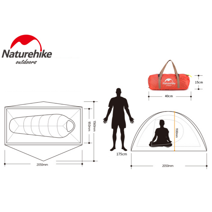 - Diagramma ar izmēriem un proporciju salīdzinājums starp Naturehike Cycling labāko ultralight telti vienai personai 20D zilā krāsā un cilvēku.
- Skats uz telti, tās izmēri: Iekšējais slānis – 205 cm garums, 95 cm platums, 110 cm augstums.
- Komplektācijā ietilpst papildu 60 cm garā vestibula uzglabāšanas telpa.
- Attēlā arī redzams soma, kurā telti var salocīt – izmēri 40 cm x 15 cm.
- Naturehike