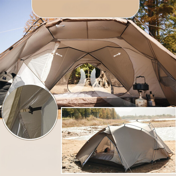 - Rakstā "Naturehike Hillock6 One Bedroom One Hall Tent UPF50+ Brown Color For 2 people" attēlota salikta telts dabas ainavā.
- Augšējā daļa attēlā rāda telti, kas uzstādīta uz nometnes vietas ar atvērtiem sānu ieejām un skatu uz iekšējo telpu.
- Apakšējā daļa attēlā parāda saliktu telti pludmales teritorijā, kurā redzams cilvēks.
- Caur tuvplāno apli redzama arī viegli pieejama droša telts.
- Naturehike