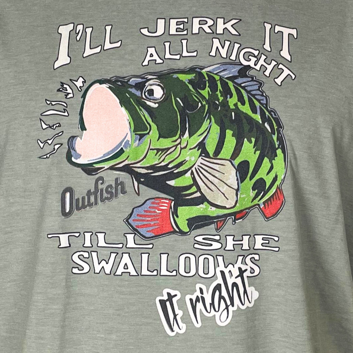 - Zivs dizains pelēkzaļā krāsā, ar uzrakstu "I'll Jerk It All Night Till She Swallows It Right". Outfish,