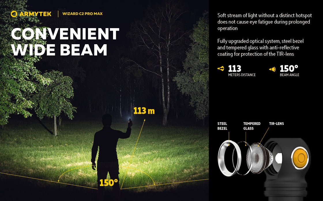 Armytek Wizard C2 Pro Max ar silti baltu gaismu – ražotāja informatīvais slaids par lukturi