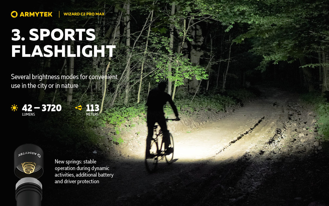 Armytek Wizard C2 Pro Max ar silti baltu gaismu – ražotāja informatīvais slaids par lukturi