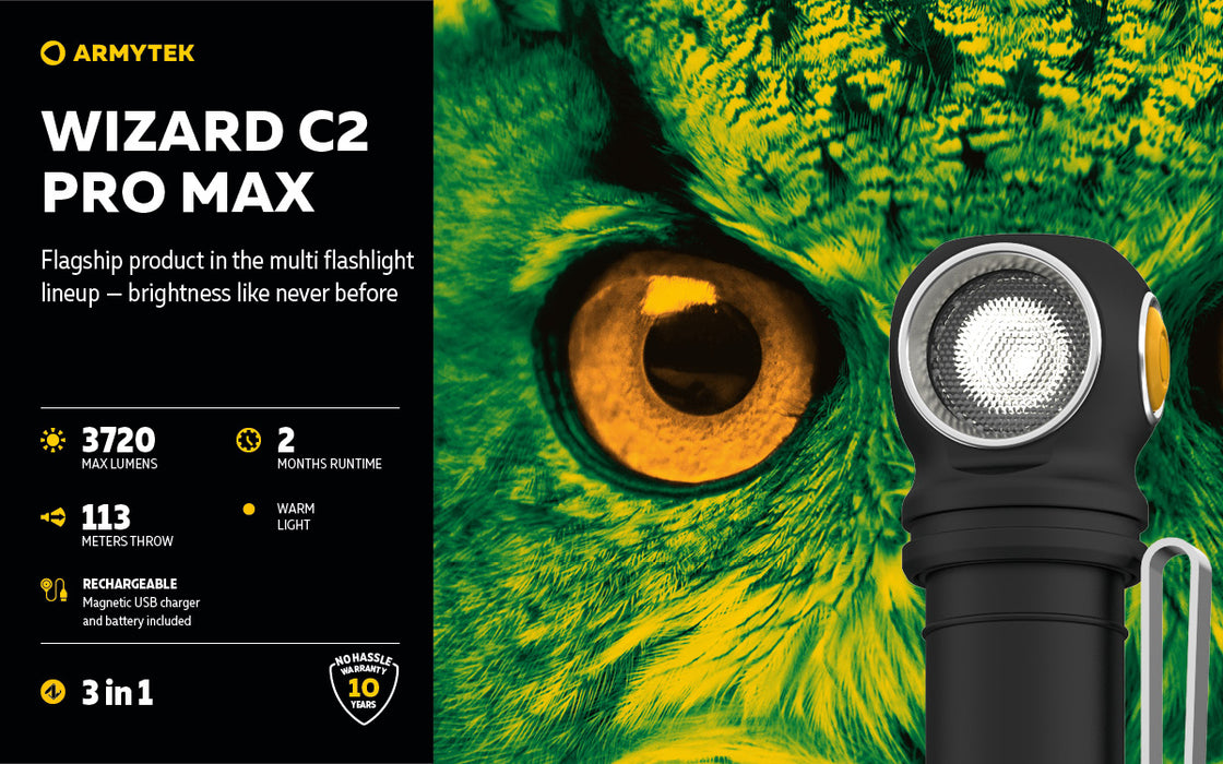 Armytek Wizard C2 Pro Max ar silti baltu gaismu – ražotāja informatīvais slaids par lukturi