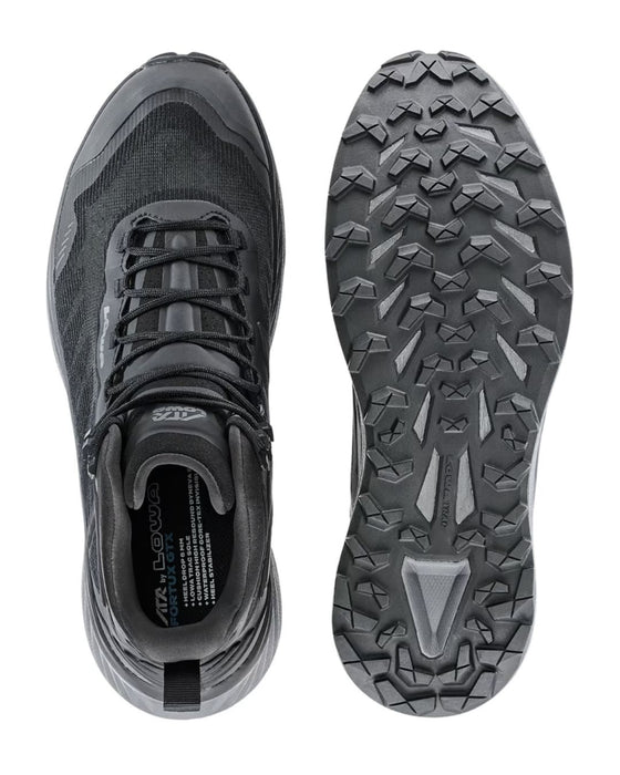 Taku skriešanas apavi. Lowa Fortux QC GTX Black melni pusgarie taku skriešanas apavi ar izturīgu zoli un augstu potītes atbalstu.