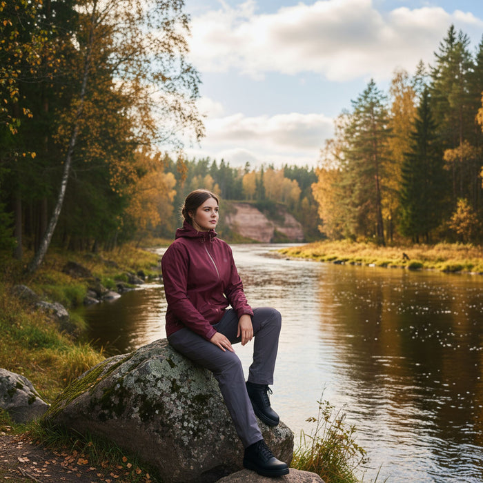 FHM sieviešu lietus tērps, ūdensnecaurlaidīgs, vinša krāsa, piemērots pārgājieniem un lietainam laikam.