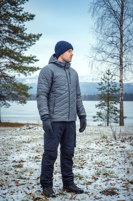 Innova vīriešu Primaloft jaka, viegla, siltināta, pelēka, piemērota ziemas pārgājieniem Latvijā.