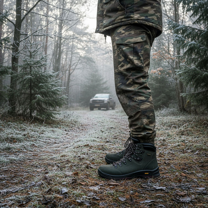 grisport medību zābaki, ūdensnecaurlaidīgi, vidēji augsti, khaki, piemēroti lietainam laikam un pārgājieniem mežā Latvijā