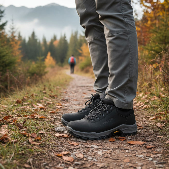 Alpina pārgājienu apavi prima low 2.0, melni, viegli, piemēroti pārgājieniem rudenī un mitros laika apstākļos Latvijā.