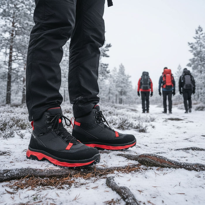 alpina pārgājienu zābaki, melni ar sarkanu, ūdensizturīgi, piemēroti pārgājieniem Latvijas ziemā un rudenī