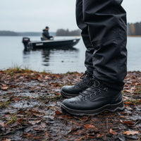 grisport pārgājienu zābaki, ādas, ūdensizturīgi, melni, rudenim un ziemai pie ūdens tuvplāns