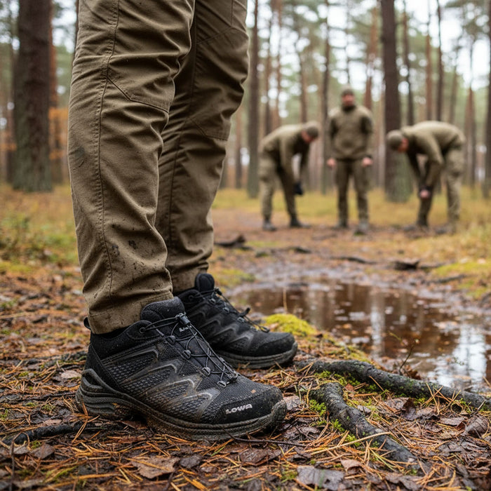 Lowa MADDOX GTX LO TF melni trekinga apavi ar Speed-Lace sistēmu, piemēroti pārgājieniem mitrā mežā Latvijā.