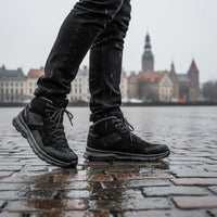 grisport pārgājienu zābaki ar ādas virsmu, melni, ūdensizturīgi, piemēroti pārgājieniem un ikdienas lietošanai Latvijā