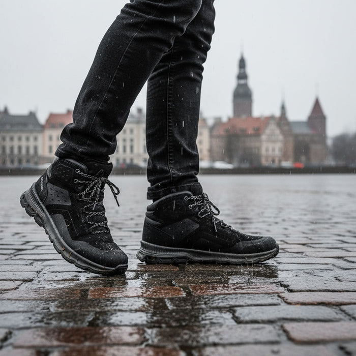 grisport pārgājienu zābaki ar ādas virsmu, melni, ūdensizturīgi, piemēroti pārgājieniem un ikdienas lietošanai Latvijā