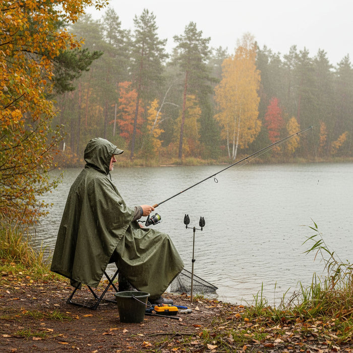 Āra lietus pončo ar kapuci, ūdensnecaurlaidīgs poliesters, melns, piemērots makšķerēšanai lietainā laikā.