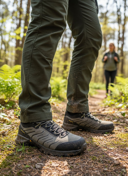 humtto vīriešu pārgājienu apavi, zemi, pelēki ar melniem akcentiem, elpojoši un piemēroti Latvijas dabai un takām