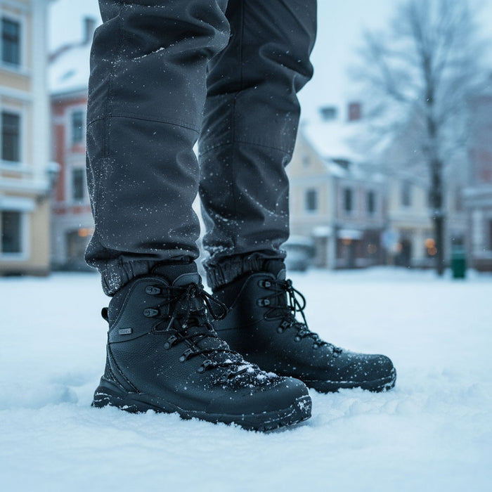 Humtto ziemas zābaki, melna āda, ūdensizturīgi, ar kažokādu, piemēroti pārgājieniem ziemā Latvijā.