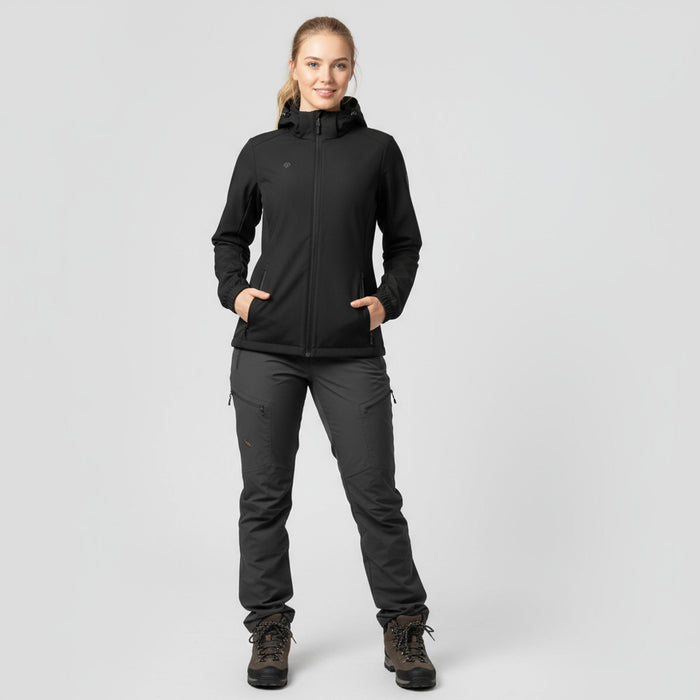 humtto softshell jaka melna, ūdensizturīga ar dwr pārklājumu, piemērota pārgājieniem un lietainam laikam Latvijā